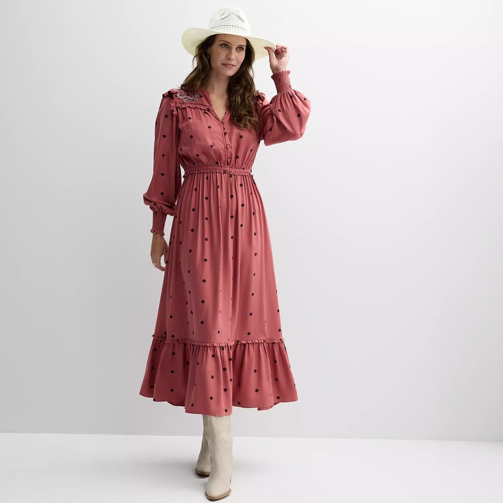Pink Embroidered V-Neck Bishop Sleeve Maxi Dress
